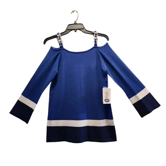 New $185 Etcetera Pullover Top Blue Tricolor Rayon Cold Shoulder Sleeve XS - Picture 7 of 7